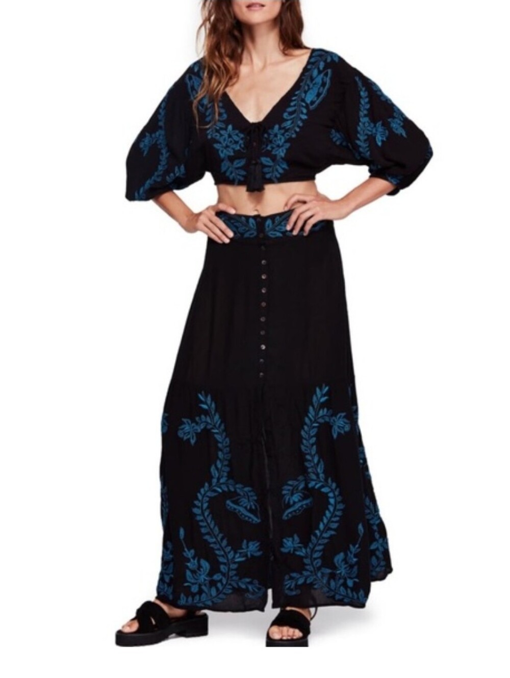 Free People Black Maxi Skirt with Blue Floral Embroidery